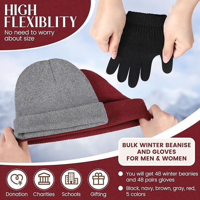 Tarpop 96 Pcs Winter Beanies and Gloves Bulk, Cold Weather Unisex Winter Hat and Gloves for Homeless Men Women
