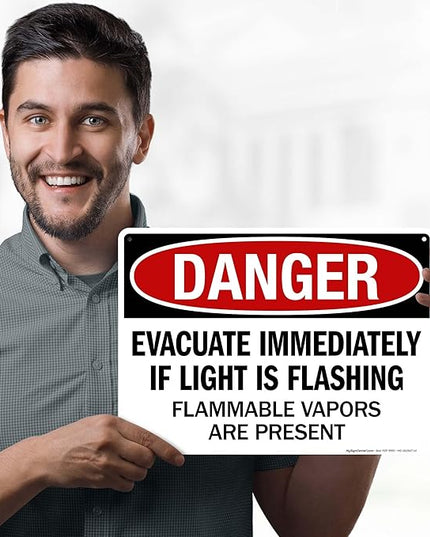 Danger Evacuate Immediately If Light is Flashing Flammable Vapors are Present Sign, 10x14 Inches, Rust Free .040 Aluminum, Fade Resistant, Made in USA by My Sign Center