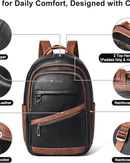 43L Backpack for Women Men - Vegan Leather Backpack Purse Travel Carry-on Bag College Bookbag Work fits 17" Laptop,Black&Brown