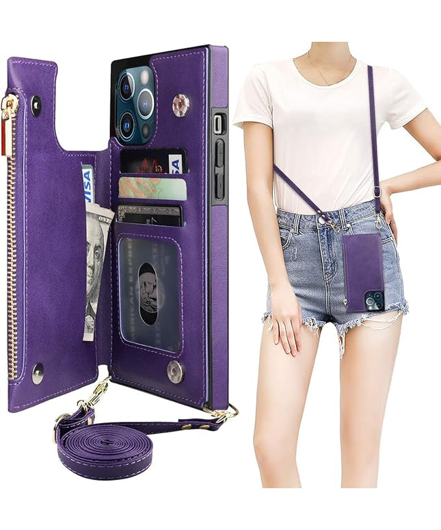 Bocasal Crossbody Wallet Case for iPhone 12 Pro Max with Card Holder,Zipper Card Slot Protector Shockproof Purse Cover with Removable Cross Body Strap 6.7 Inch(Purple)