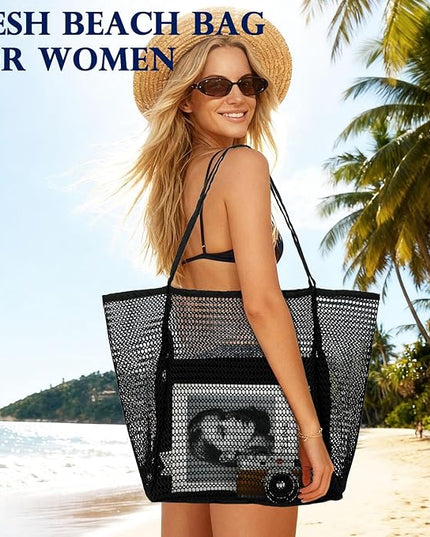Mesh Beach Bag, Large Beach Tote with Zipper Pocket, Toys Pool Bag for Family Travel Vacation Cruise Essentials