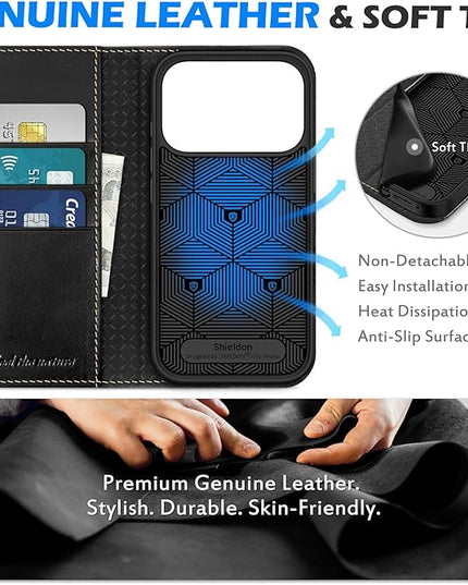 SHIELDON Case for iPhone 17 Pro 6.3-inch 2025 | Genuine Leather | Wallet Design | Flip Magnetic | Kickstand | RFID Blocking Card Holder | Shock Absorption Phone Cover for Women Men | Retro Black