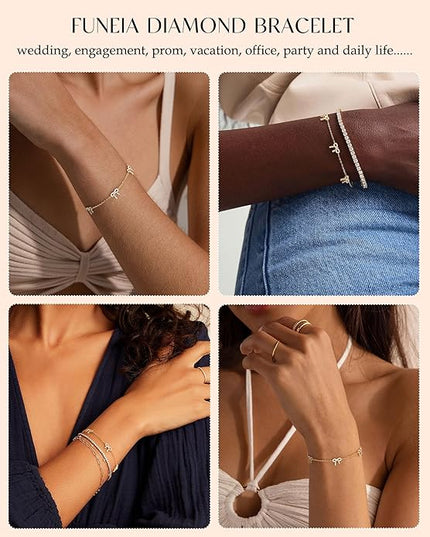 FUNEIA Dainty Silver Gold Bracelets for Women Trendy Non Tarnish 14K Gold Plated Waterproof Diamond Bracelets Cute Stackable Heart Butterfly Clover Cross Evil Eye Charm Bracelet Stack Jewelry Gifts