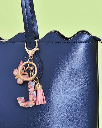 Fashion Alphabet Initial Letter Keychain Tassel Butterfly Pendant Key Ring for Purse Handbags Women Girl