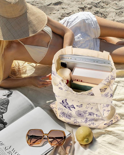 Aesthetic Canvas Tote Bag for Women - Sturdy Cloth Cotton Totes Bag with Pattern Shoulder Bag