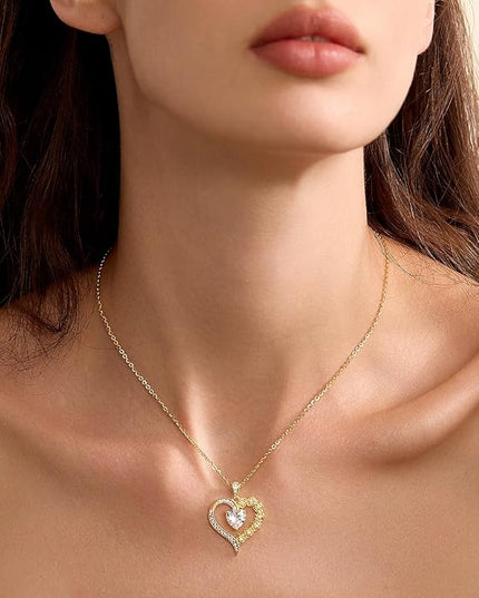 Beam & Bask 2-3 Carat Moissanite Rose Flower Heart Necklace for Her, Sterling Silver Plated with 18K Gold, Birthday, Wedding, Anniversary Pendant Jewelry for Girlfriend, Wife, Bride, Soulmate