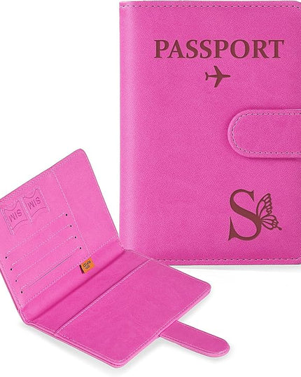 COSHAYSOO Initial RFID Passport Holder for Travel Women Passports Cover Case Air Essentials Airplane Flight Accessories Airline Plane Flying Must Haves Christmas Gift Butterfly Letter Hot Pink S
