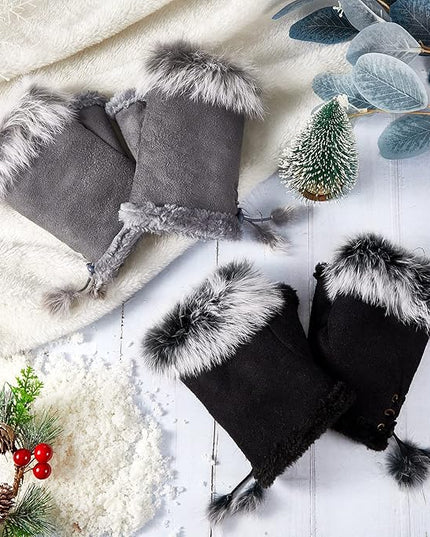 SATINIOR Women Fur Fingerless Gloves Winter Rabbit Fur Lined Half Finger Mittens for Women Girls Teen Working Writing