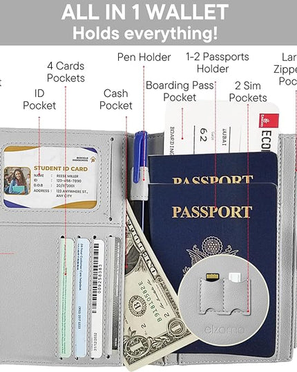 elzama Passport Holder with Airtag Slot for Travel Women, RFID Passport Wallet with Airtag Holder, Zipper Pocket Card Slots Pen Holder & Airtags Keychain (Air tag Not Included) Light Grey