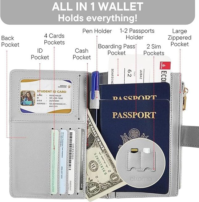 elzama Passport Holder with Airtag Slot for Travel Women, RFID Passport Wallet with Airtag Holder, Zipper Pocket Card Slots Pen Holder & Airtags Keychain (Air tag Not Included) Light Grey