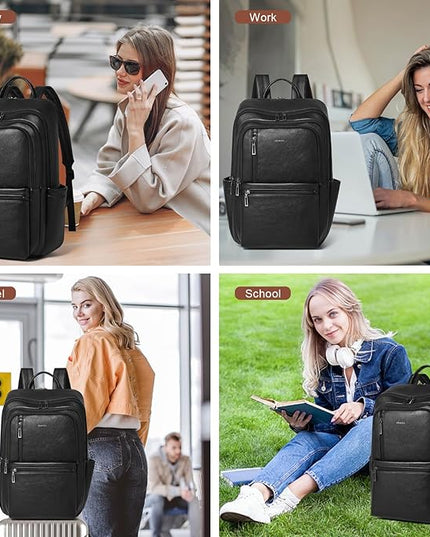 Shrrie Leather Laptop Backpack for Women, 17 inch Large Travel Laptop Backpack Purse for Casual Daypack College Work Bag