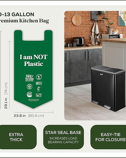 Large Compostable Trash Bags - 10-13 Gallon, 50 Pack, 100% Plastic-Free Decomposing Easy-Tie Trash Can Bags & Liners, Thick Kitchen, Bathroom & Backyard Bin Bags for Food & Green Waste