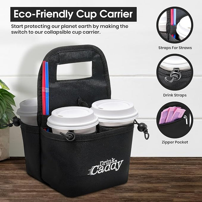 Drink Caddy Portable Drink Carrier and Reusable Coffee Cup Holder - 4 Cup Collapsible Tote Bag with Organizer Pockets Safely Secures Hot and Cold Beverages - Perfect for Food Delivery and Take Out