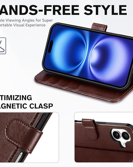 TUCCH Case Wallet for iPhone 16, Magnetic PU Leather Kickstand Flip Cover with 4 Card Slot Shockproof TPU Interior Shell, [RFID Blocking] Folio Case Compatible with iPhone 16 5G, Chocolate Brown
