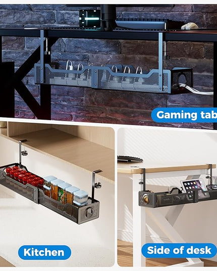 [Upgraded] Extra Large Under Desk Cable Management, Cinati 25" Wire Organizers No Drill, Cable Tray with Clamp for Wire Management, Cord Organization Box for Office, Home - No Damage to Desk(Black)