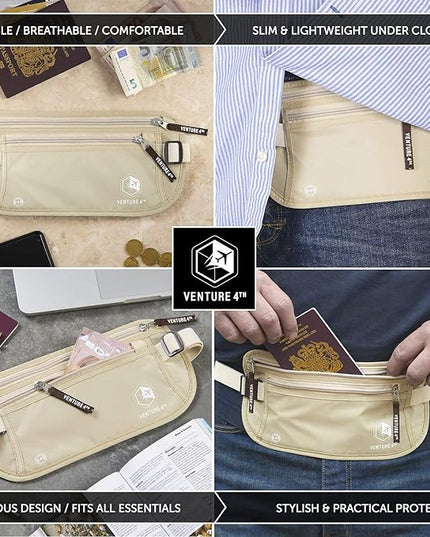VENTURE 4TH Money Belt for Travel – Hidden Under-Clothes RFID Blocking Passport Holder & Slim Travel Wallet Pouch for Men & Women to Protect Cash, Cards & Documents (Beige)