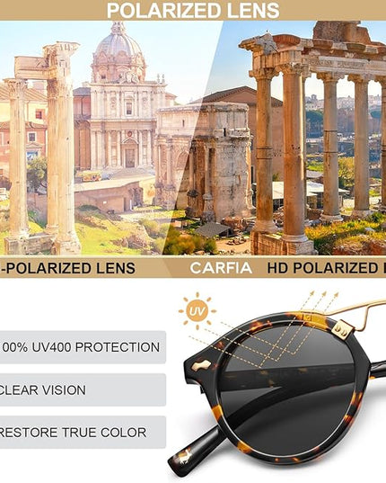 CARFIA Small Face Acetate Polarized Sunglasses for Women UV Protection, Retro Double Bridge Eyewears Metal Brow Round Sunnies