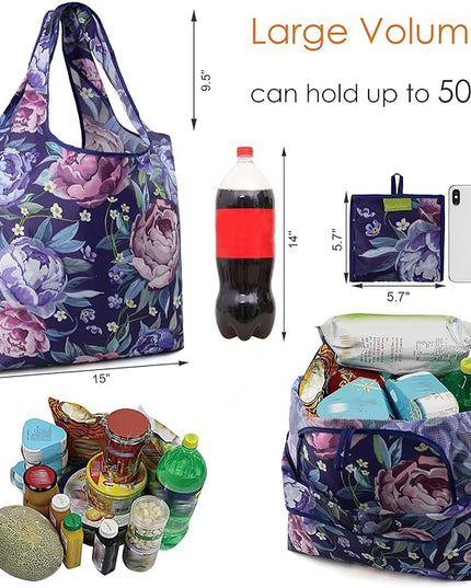 BeeGreen Floral Reusable Grocery Bags - X Large 50 LB Capacity,Foldable Tote Bag Gifts Fashionable Ripstop Polyester, Recyclable, Machine Washable Bulk Bags With Pouch - Ideal for Shopping