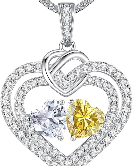 LOUISA SECRET Sparkling Double Heart Birthstone Necklaces for Women, 925 Sterling Silver Fine Jewelry, Pendant Heart Necklaces Birthday Anniversary Christmas Gift for Women Wife Mom Girlfriend Lady