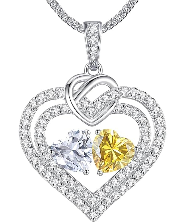 LOUISA SECRET Sparkling Double Heart Birthstone Necklaces for Women, 925 Sterling Silver Fine Jewelry, Pendant Heart Necklaces Birthday Anniversary Christmas Gift for Women Wife Mom Girlfriend Lady