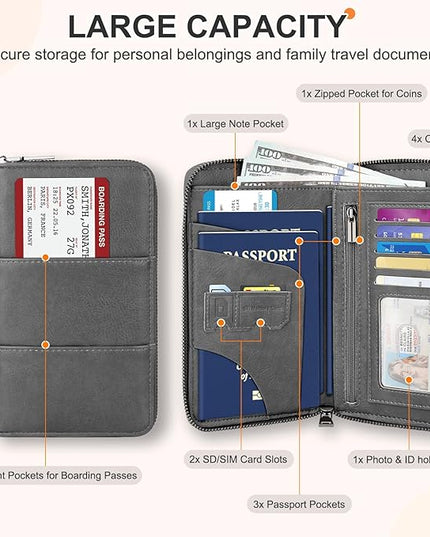 Family Passport Holder Wallet with Zipper, RFID Blocking Travel Document Organizer, PU Leather Passport Wallet for Women Men, Passport Cover Travel Wallet for Boarding Pass, ID, Money, Tickets