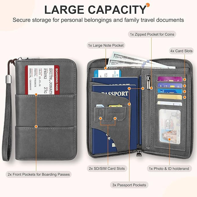 Family Passport Holder Wallet with Zipper, RFID Blocking Travel Document Organizer, PU Leather Passport Wallet for Women Men, Passport Cover Travel Wallet for Boarding Pass, ID, Money, Tickets