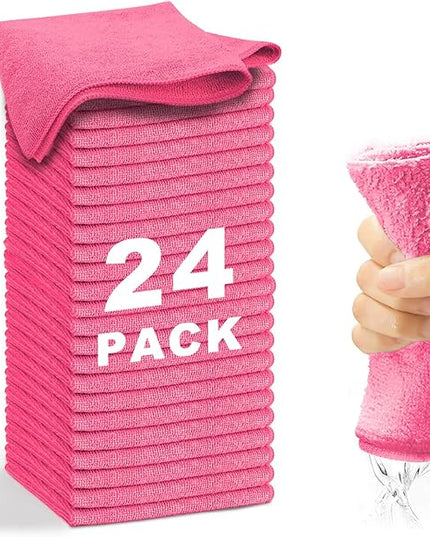 Microfiber Cleaning Cloth-24Pcs (13x13 inch) Ultra Soft Highly Absorbent Rags for Housekeeping-Machine Wash (HotPink)