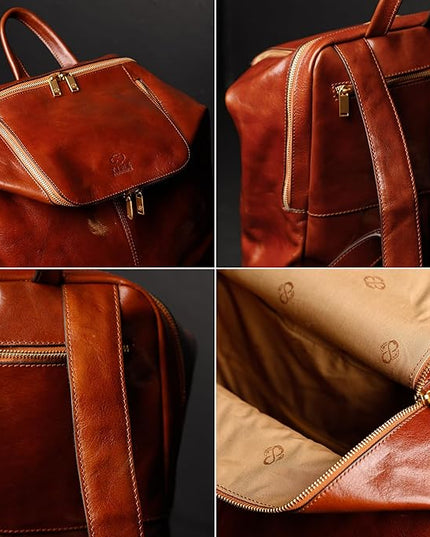 Time Resistance Leather Backpack - Unisex Business Rucksack Laptop Bag for Bag and Women (Cognac Brown)