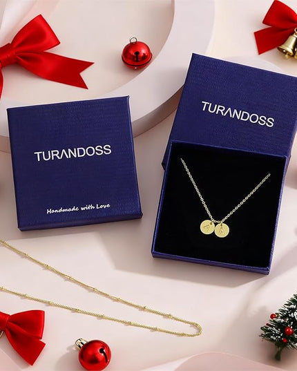 Turandoss Christmas Gifts for Grandkids - Dainty 14K Gold Plated Layered Two Letter A-Z Stack Disc Initial Necklace Trendy Birthday Personalized Gifts for Women Teen Girls Jewelry