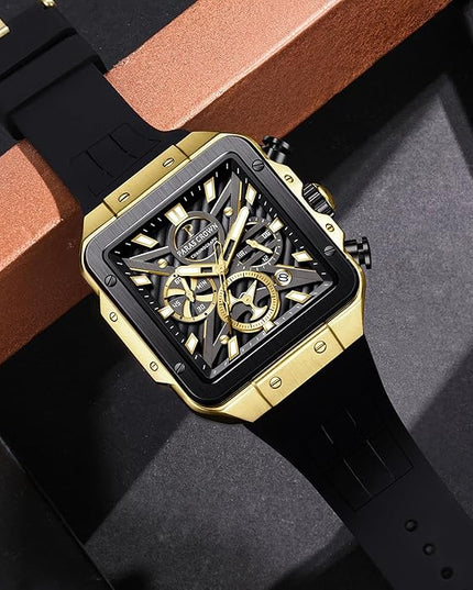 Paras Crown Watches for Men Tonneau 5ATM Waterproof Quartz Luxury Chronograph Analog Men's Wrist Watches Stainless Steel Case Mens Watches