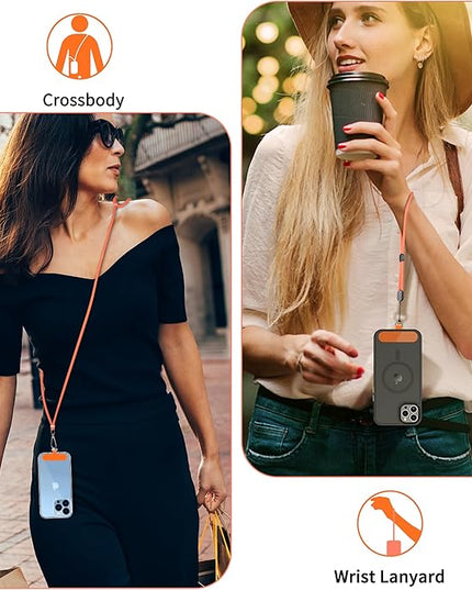 CACOE Phone Lanyard 2 Pcs-1 Pcs Adjustable Neck Strap, 1 Pcs Wrist Strap, 2 Pads, Universal Crossbody Multifuctional Cell Phone Lanyards Compatible with Most Smartphones(Orange)