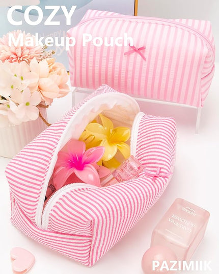 PAZIMIIK 2PCS Cozy Makeup Bag Small Aesthetic Travel Zipper Cosmetic Pouch for Women Make Up Beauty Accessories Brushes, Stripe Hotpink