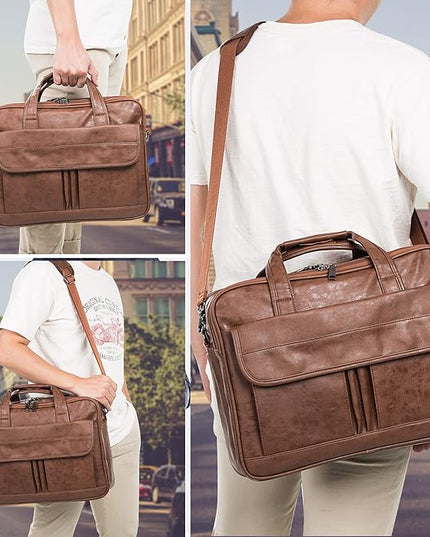 seyfocnia Men's Business Travel Briefcase Leather Handmade Messenger Bags Laptop Bag