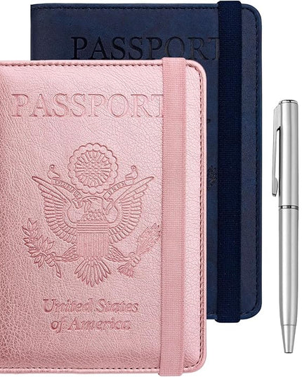 WALNEW Passport Holder for Travel, RFID Passport Cover Wallet for Women Men, PU Leather Passport Book Card Holder Case with Pen, Travelling Essentials for Flying