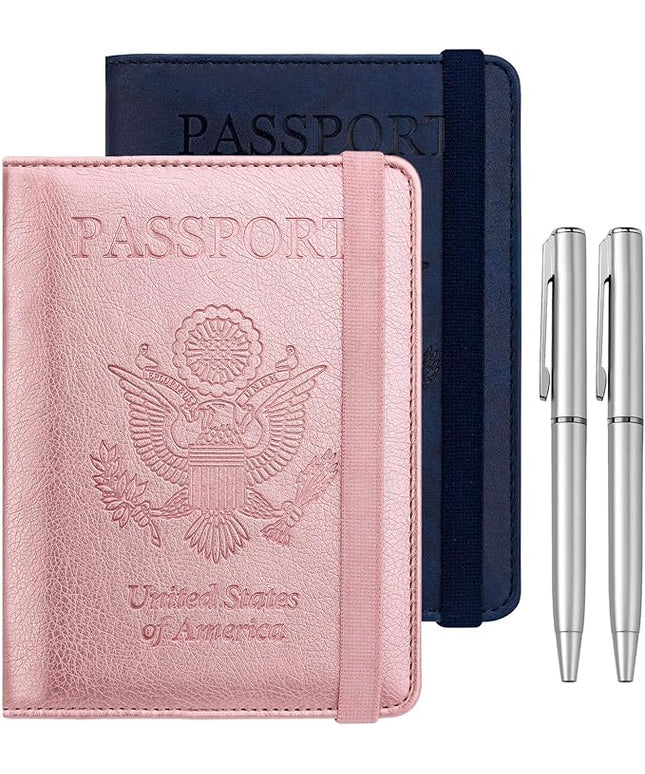 WALNEW Passport Holder for Travel, RFID Passport Cover Wallet for Women Men, PU Leather Passport Book Card Holder Case with Pen, Travelling Essentials for Flying