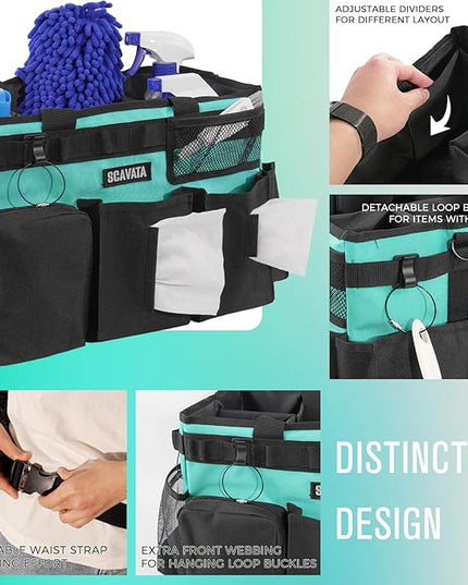 Wearable Cleaning Caddy Bag, Cleaning Caddy Supplies Organizer with Handle & Shoulder Straps for Housekeepers, Under Sink & Car Cleaning Tool Organizers with 4 Foldable Divider (Lake Blue)