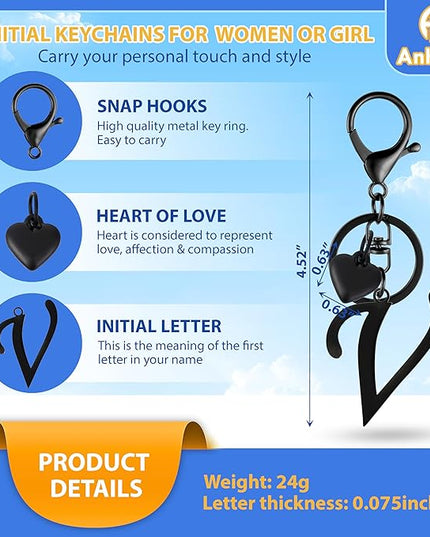 A-Z Heart Initial Letter Keychain, Stainless Steel Alphabet Charm for Handbags, Gift for Women and Girls