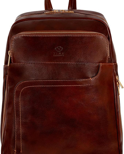 Time Resistance Leather Business Backpack - Laptop and A4 Portfolio Bag - Travel Bag Rucksack (Brown)