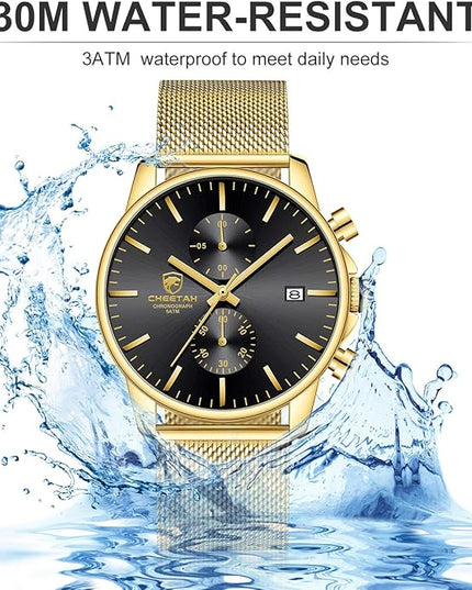GOLDEN HOUR Mens Watch Fashion Sleek Minimalist Quartz Analog Mesh Stainless Steel Waterproof Chronograph Watches for Men with Auto Date