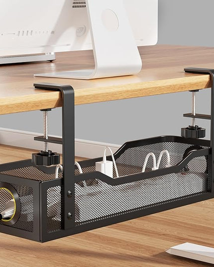 Under Desk Cable Management Large, Cinati 16" Cable Management Box for Table Thickness up to 3", Wire Cord Organizer with Clamp No Drill, No Damage to Desk (Black)