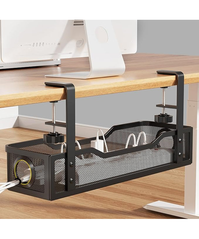 Under Desk Cable Management Large, Cinati 16" Cable Management Box for Table Thickness up to 3", Wire Cord Organizer with Clamp No Drill, No Damage to Desk (Black)