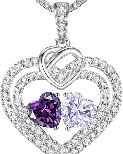 LOUISA SECRET Sparkling Double Heart Birthstone Necklaces for Women, 925 Sterling Silver Fine Jewelry, Pendant Heart Necklaces Birthday Anniversary Christmas Gift for Women Wife Mom Girlfriend Lady