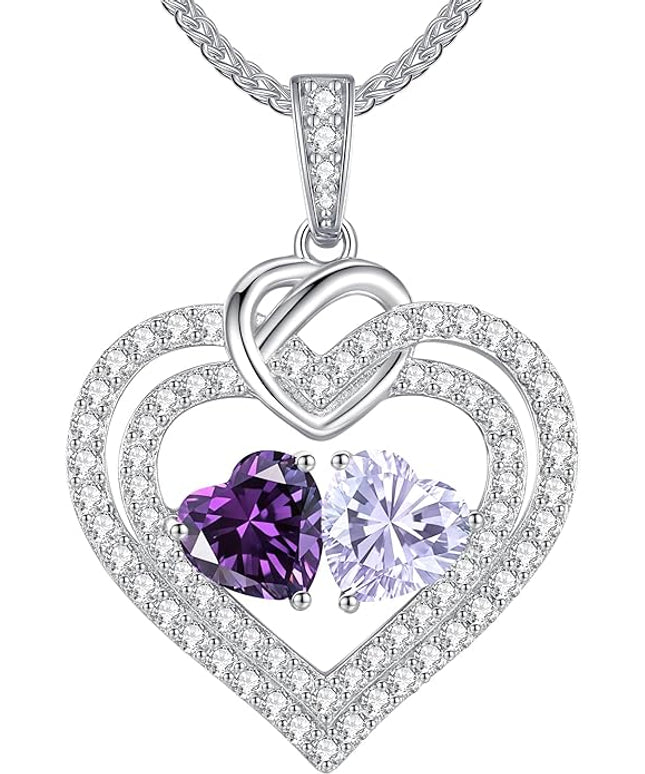 LOUISA SECRET Sparkling Double Heart Birthstone Necklaces for Women, 925 Sterling Silver Fine Jewelry, Pendant Heart Necklaces Birthday Anniversary Christmas Gift for Women Wife Mom Girlfriend Lady