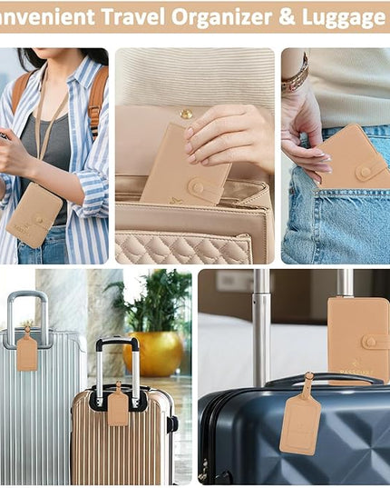 Passport Holder RFID Protected Wallet and Luggage Tag with Protection Cover Travel Accessories Leather Card Case Organizer for Women Men (Beige)