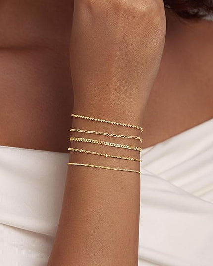 Gold Bracelets Set for Women Stack, Dainty Thick Bracelets Stack for Women Trendy, Simple Thin Gold Plated Cuff Stackable Bracelets With Beaded Cuban Paperclip Snake Rope Bangle Hand Chain Jewelry Gifts for Women Non Tainish