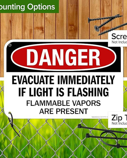 Danger Evacuate Immediately If Light is Flashing Flammable Vapors are Present Sign, 12x18 Inches, 55 mil thick HDPS (high density polystyrene), Made in USA by My Sign Center