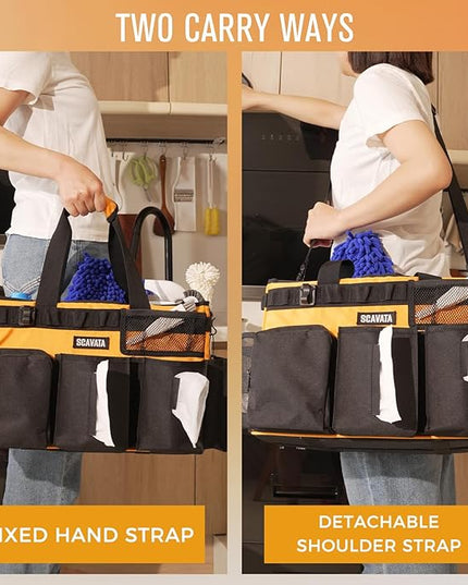 Wearable Cleaning Caddy Bag, Cleaning Caddy Supplies Organizer with Handle & Shoulder Straps for Housekeepers, Under Sink & Car Cleaning Tool Organizers with 4 Foldable Divider (Orange)