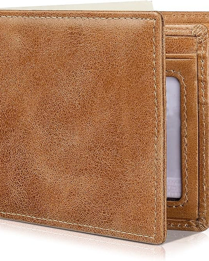 Artpaxy Mens Wallet Genuine Leather Bifold RFID Blocking Wallet for Men with 1 ID Window 13 Card Holders 2 cash pockets 1 Gift Box (Light Brown)