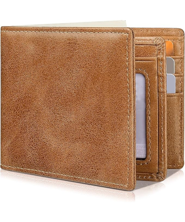 Artpaxy Mens Wallet Genuine Leather Bifold RFID Blocking Wallet for Men with 1 ID Window 13 Card Holders 2 cash pockets 1 Gift Box (Light Brown)