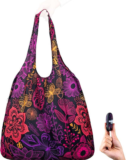 Nanobag Ultralight Heavy Duty Foldable Tote for Women & Men, Reusable Grocery & Travel Bag, Packable Collapsible Compact Market Essential (XL Neon Flowers)